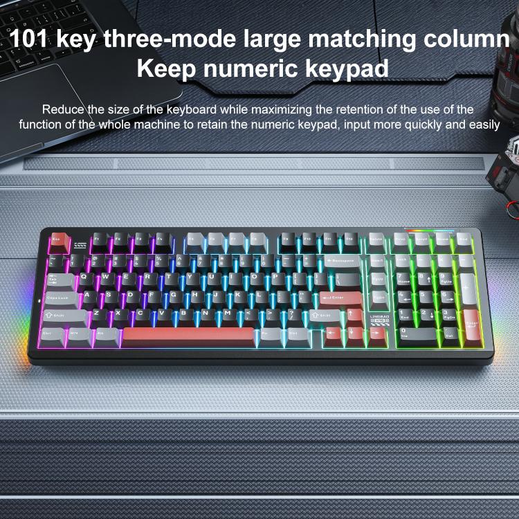 LINGBAO K98 101 Keys Triple-mode Wireless Game Keyboard, Black Pink-Grey Wood Axis V4-Korean, Blue-Grey Wood Axis V4-Korean, Black Red-Grey Wood Axis V3-Korean, Black Red-Grey Wood Axis V3-Russian, Blue-Grey Wood Axis V4-Russian