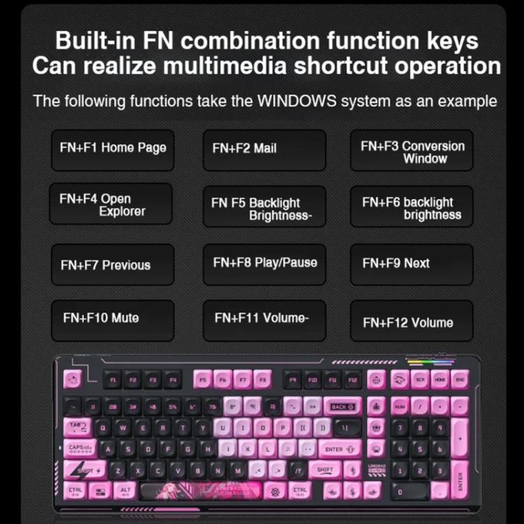 LINGBAO K98 101 Keys Triple-mode Wireless Game Keyboard, Black Pink-Flower Field Axis, Black Red-Red Rabbit Axis, Blackberry Powder-Red Rabbit Axis Pro, Blackberry Powder-Glazed Tile Axis, White Purple-Flower Field Axis, Purple-Red Rabbit Axis Pro     ...