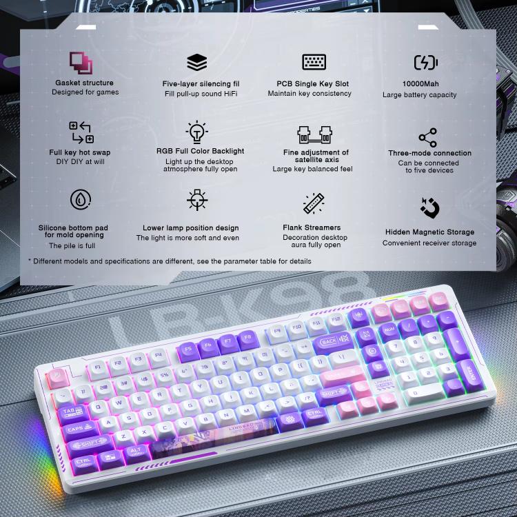 LINGBAO K98 101 Keys Triple-mode Wireless Game Keyboard, Black Pink-Flower Field Axis, Black Red-Red Rabbit Axis, Blackberry Powder-Red Rabbit Axis Pro, Blackberry Powder-Glazed Tile Axis, White Purple-Flower Field Axis, Purple-Red Rabbit Axis Pro     ...