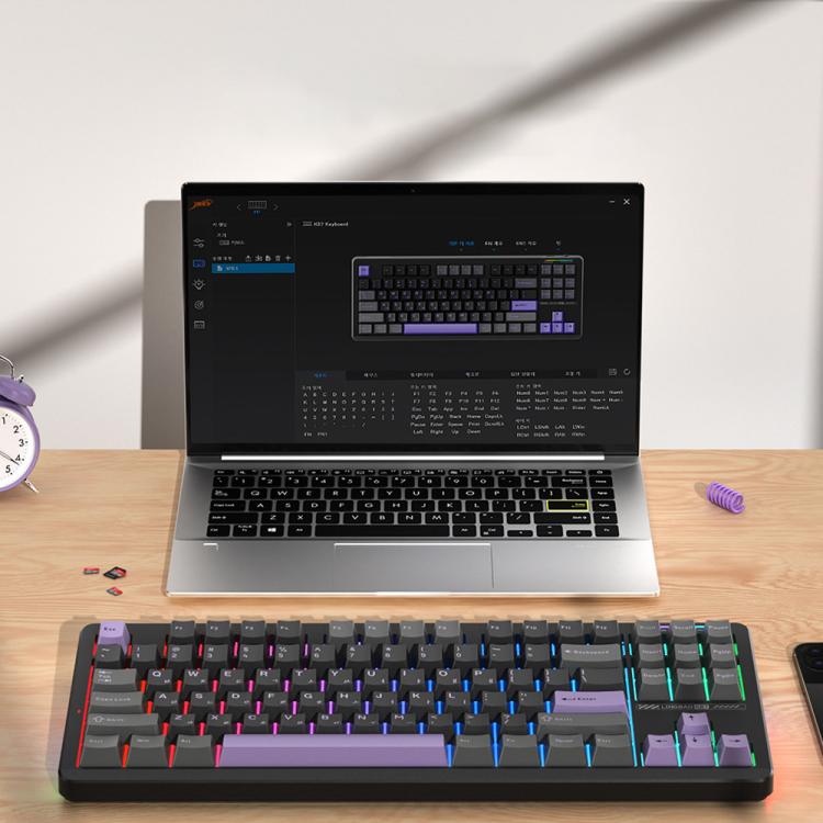 LINGBAO K87 Tri-Mode Hot Swap Mechanical Keyboard, Black-Gray Wood Axis, Black White-Gray Wood Axis