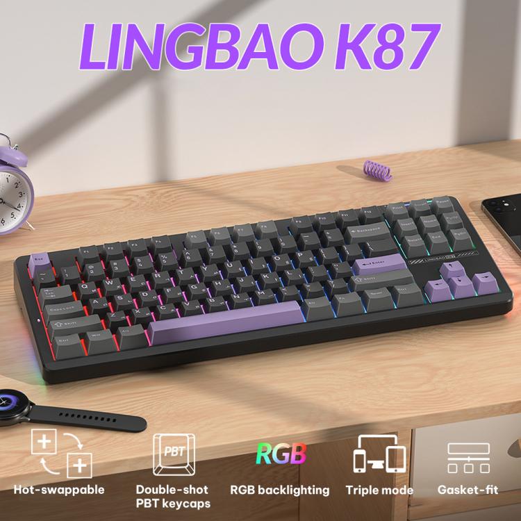 LINGBAO K87 Tri-Mode Hot Swap Mechanical Keyboard, Black-Gray Wood Axis, Black White-Gray Wood Axis