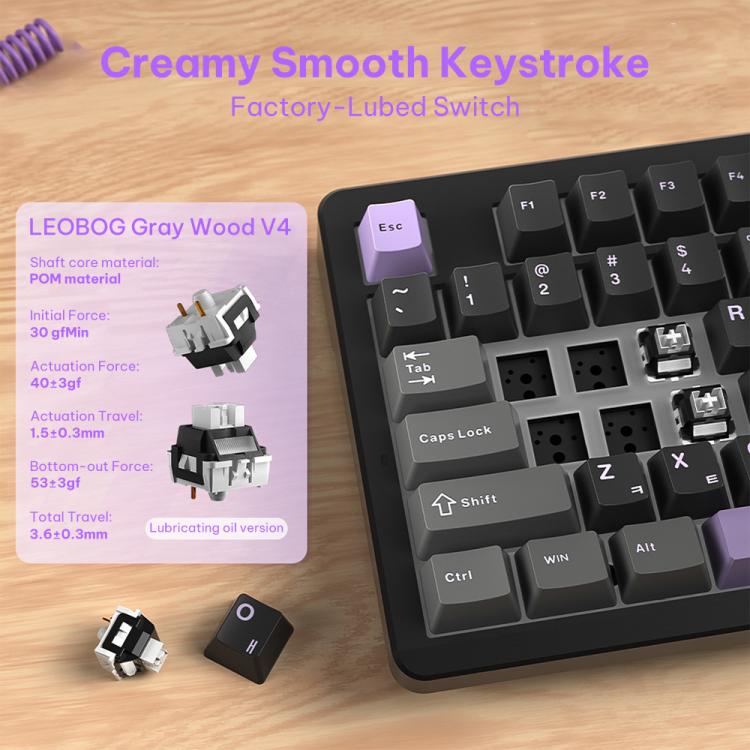LINGBAO K87 Tri-Mode Hot Swap Mechanical Keyboard, Black-Gray Wood Axis, Black White-Gray Wood Axis