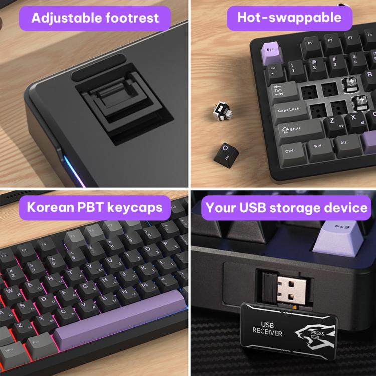 LINGBAO K87 Tri-Mode Hot Swap Mechanical Keyboard, Black-Gray Wood Axis, Black White-Gray Wood Axis