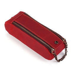Vintage Genuine Leather Portable Double Zippers Pen Pouch Pencil Case