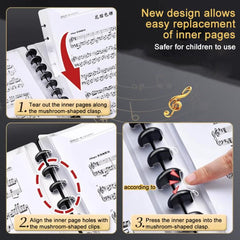A4 Size Mushroom-shaped Button Music Sheet Binder Folder with Index Tabs, Simple Black 20 Pages+Pen+Notebook+Clip, Simple Black 20 Pages+Pen+Notebook, Simple Black 20 Pages