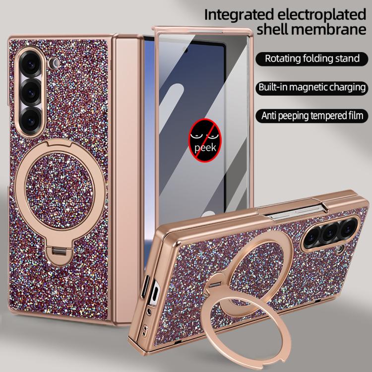 VIETAO Flash Diamond Privacy Tempered Glass Integrated Magnetic Bracket Phone Case, For Samsung Galaxy Z Fold7 5G, For Samsung Galaxy Z Fold6 5G