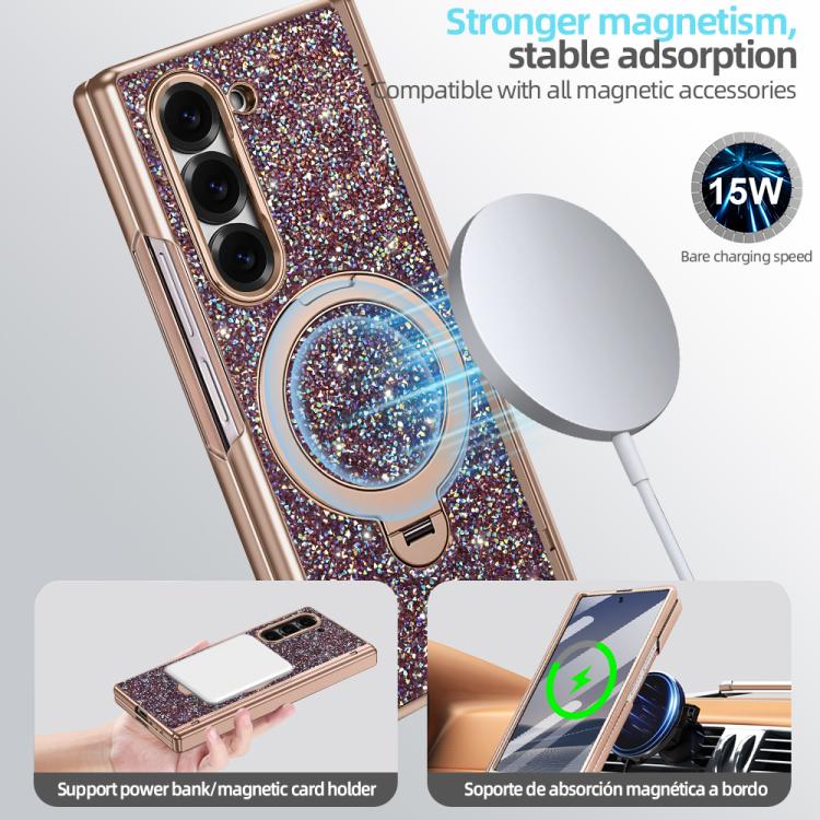VIETAO Flash Diamond Privacy Tempered Glass Integrated Magnetic Bracket Phone Case, For Samsung Galaxy Z Fold7 5G, For Samsung Galaxy Z Fold6 5G