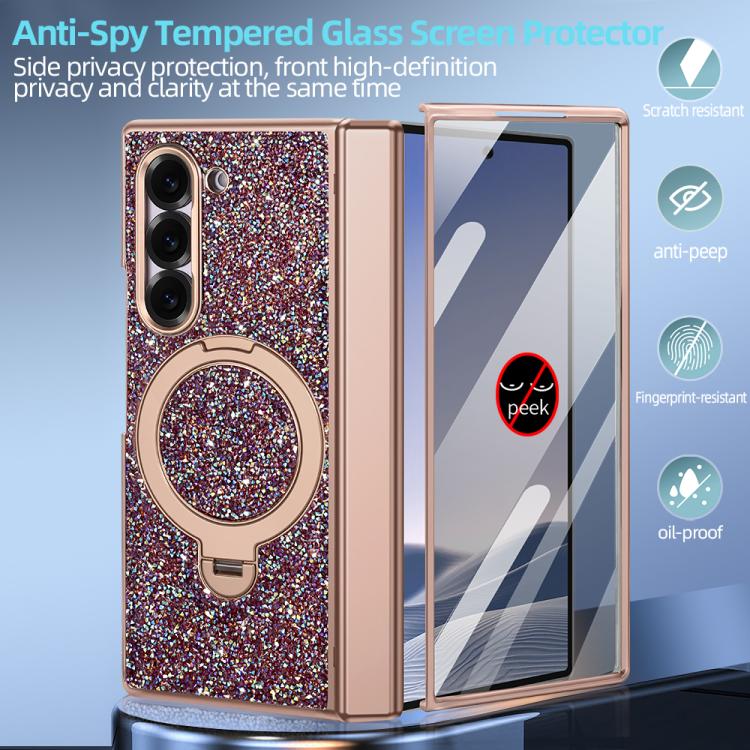 VIETAO Flash Diamond Privacy Tempered Glass Integrated Magnetic Bracket Phone Case, For Samsung Galaxy Z Fold7 5G, For Samsung Galaxy Z Fold6 5G