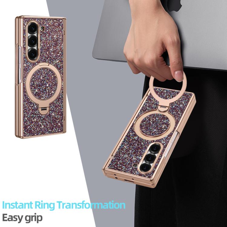 VIETAO Flash Diamond Privacy Tempered Glass Integrated Magnetic Bracket Phone Case, For Samsung Galaxy Z Fold7 5G, For Samsung Galaxy Z Fold6 5G