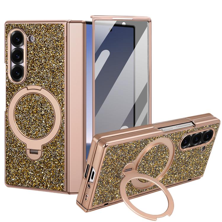 VIETAO Flash Diamond Privacy Tempered Glass Integrated Magnetic Bracket Phone Case, For Samsung Galaxy Z Fold7 5G, For Samsung Galaxy Z Fold6 5G