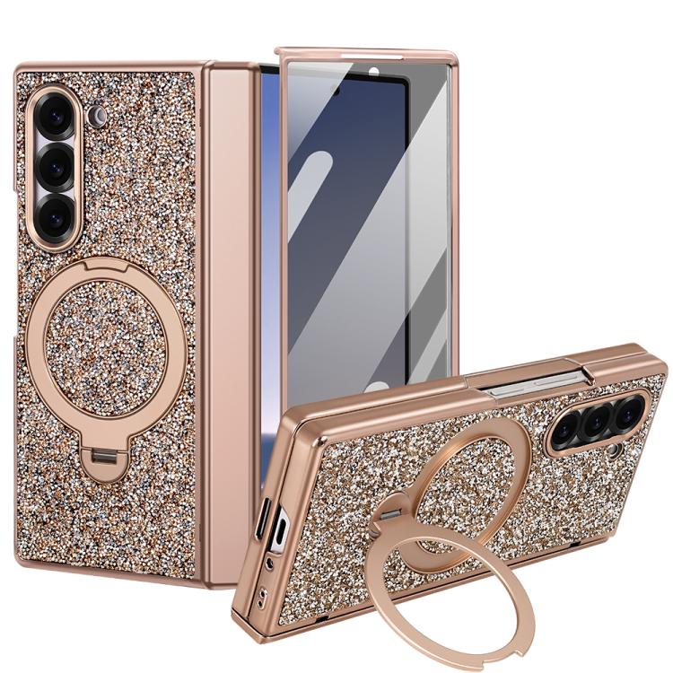 VIETAO Flash Diamond Privacy Tempered Glass Integrated Magnetic Bracket Phone Case, For Samsung Galaxy Z Fold7 5G, For Samsung Galaxy Z Fold6 5G