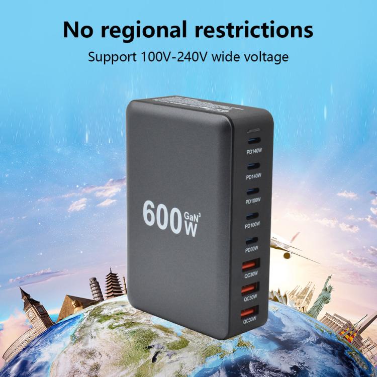 600W USB-C / Type-C and USB-A 8-Port High Power GaN Desktop Fast Charger, EU Plug, US Plug, UK Plug, AU Plug