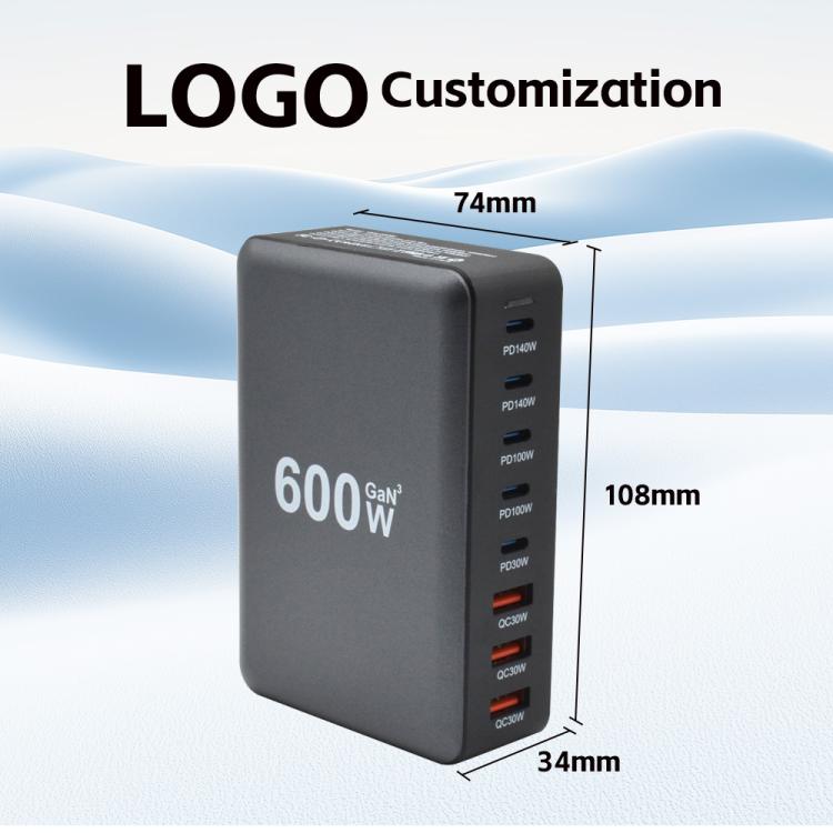 600W USB-C / Type-C and USB-A 8-Port High Power GaN Desktop Fast Charger, EU Plug, US Plug, UK Plug, AU Plug