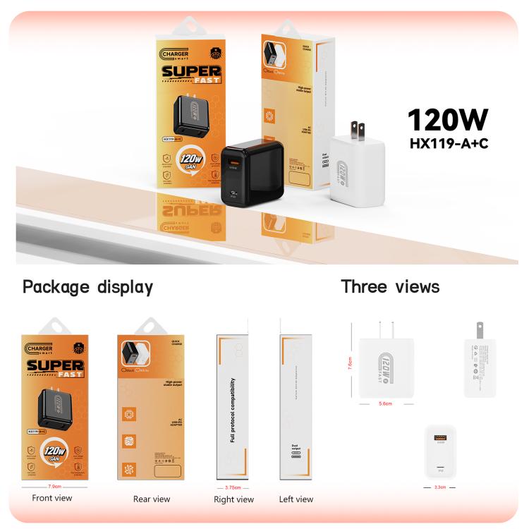 HX119 120W USB and Type-C Dual Interface Fast Charger, EU Plug, UK Plug, US Plug