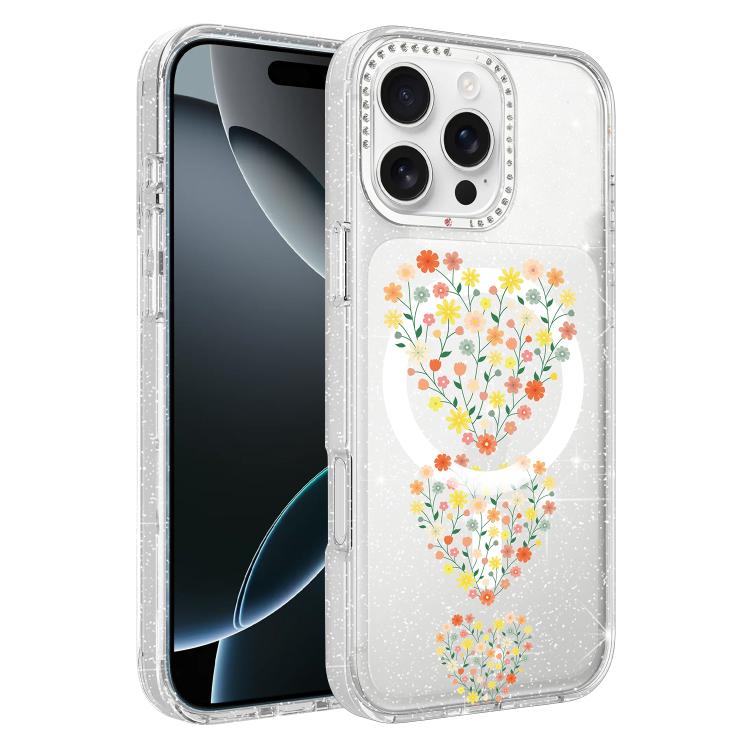 Flower Pattern IMD Glitter Magnetic Phone Case, For iPhone 16 Pro, For iPhone 16