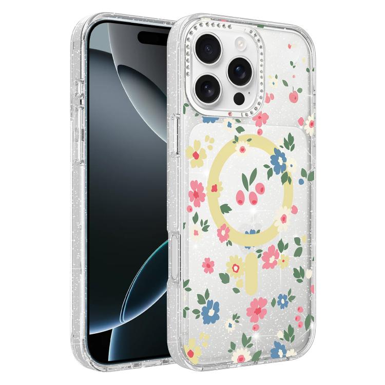 Flower Pattern IMD Glitter Magnetic Phone Case, For iPhone 16 Pro, For iPhone 16