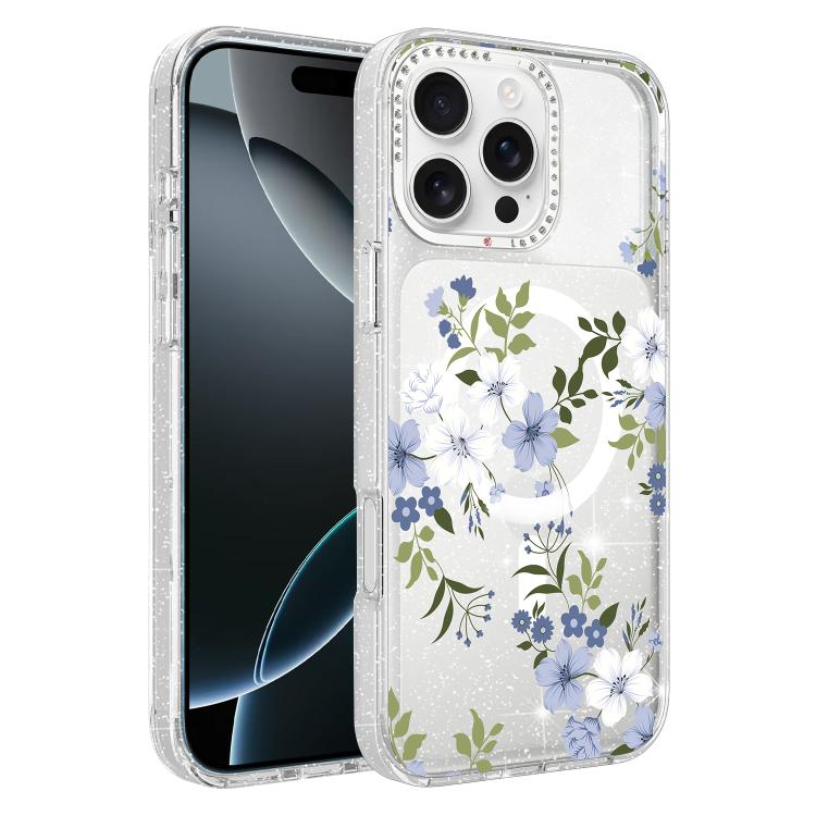 Flower Pattern IMD Glitter Magnetic Phone Case, For iPhone 16 Pro, For iPhone 16