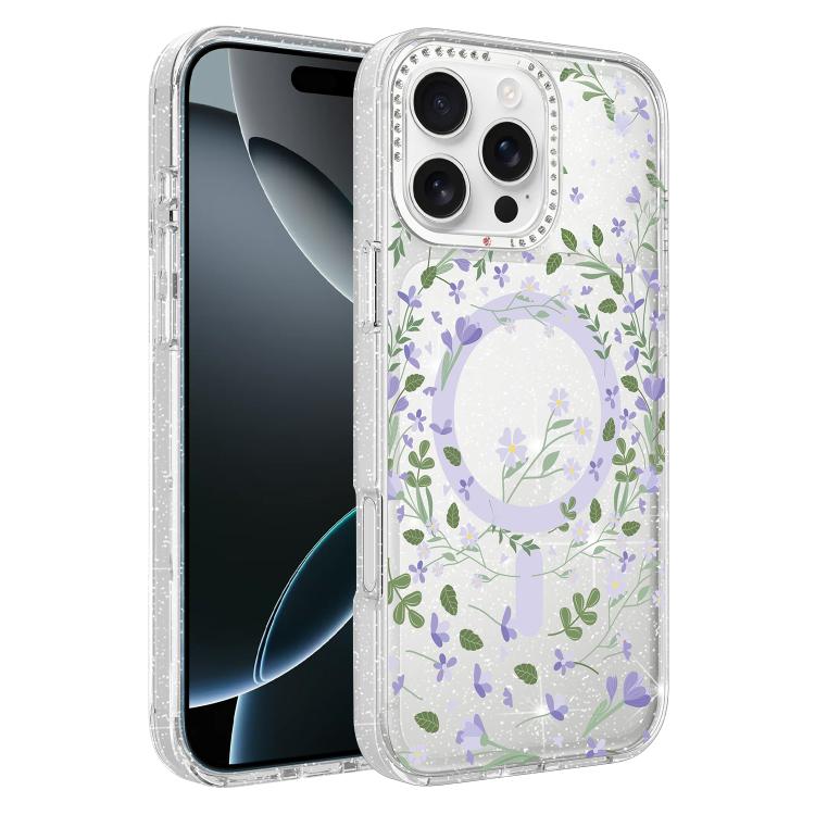 Flower Pattern IMD Glitter Magnetic Phone Case, For iPhone 16 Pro, For iPhone 16