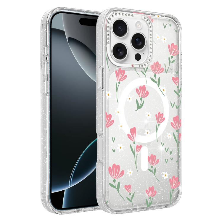 Flower Pattern IMD Glitter Magnetic Phone Case, For iPhone 16 Pro, For iPhone 16