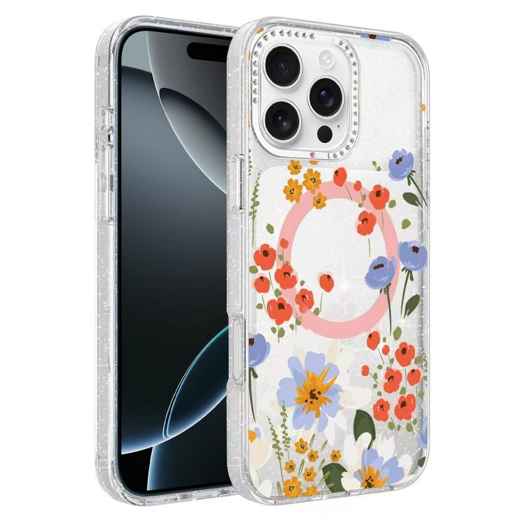 Flower Pattern IMD Glitter Magnetic Phone Case, For iPhone 16 Pro, For iPhone 16