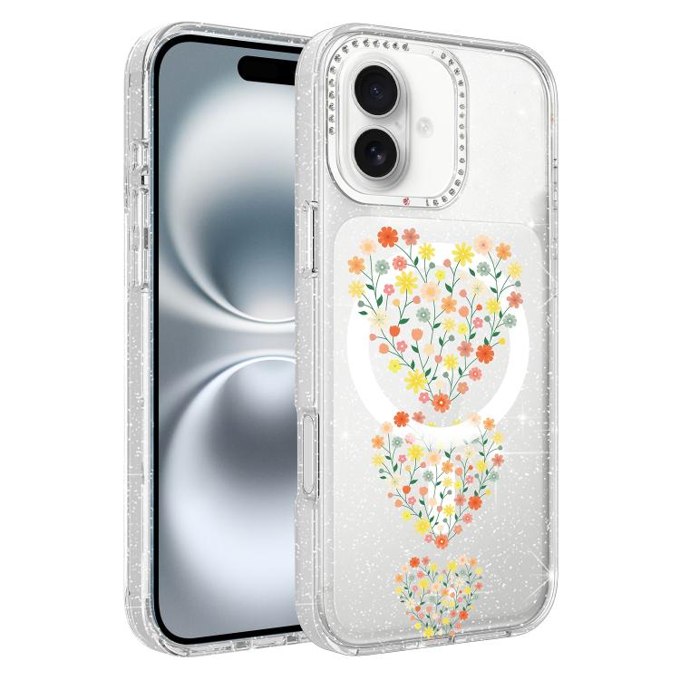 Flower Pattern IMD Glitter Magnetic Phone Case, For iPhone 16 Pro, For iPhone 16