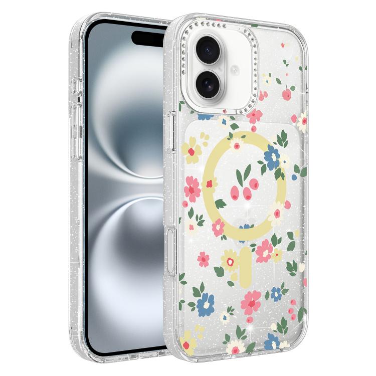 Flower Pattern IMD Glitter Magnetic Phone Case, For iPhone 16 Pro, For iPhone 16