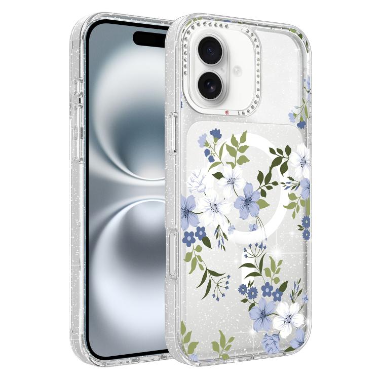 Flower Pattern IMD Glitter Magnetic Phone Case, For iPhone 16 Pro, For iPhone 16