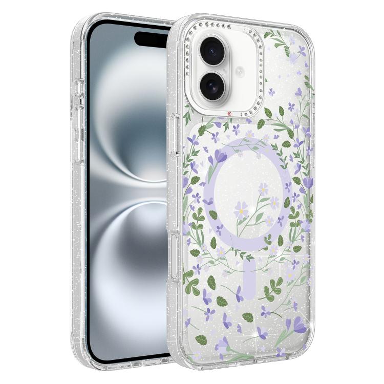 Flower Pattern IMD Glitter Magnetic Phone Case, For iPhone 16 Pro, For iPhone 16