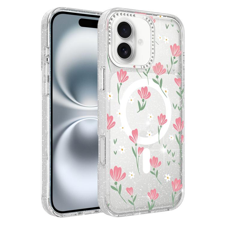 Flower Pattern IMD Glitter Magnetic Phone Case, For iPhone 16 Pro, For iPhone 16