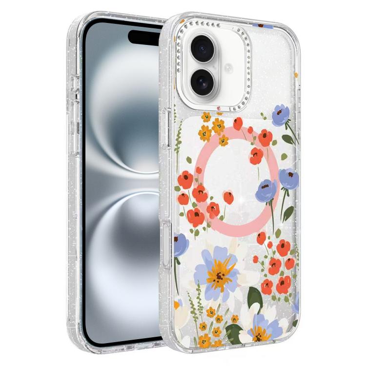 Flower Pattern IMD Glitter Magnetic Phone Case, For iPhone 16 Pro, For iPhone 16