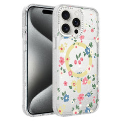 Flower Pattern IMD Glitter Magnetic Phone Case, For iPhone 15 Pro Max, For iPhone 15 Pro