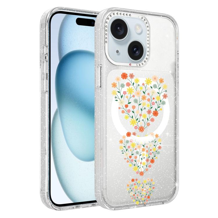 Flower Pattern IMD Glitter Magnetic Phone Case, For iPhone 15