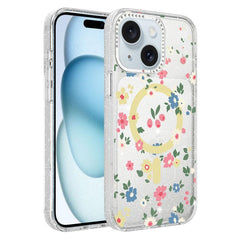 Flower Pattern IMD Glitter Magnetic Phone Case, For iPhone 15