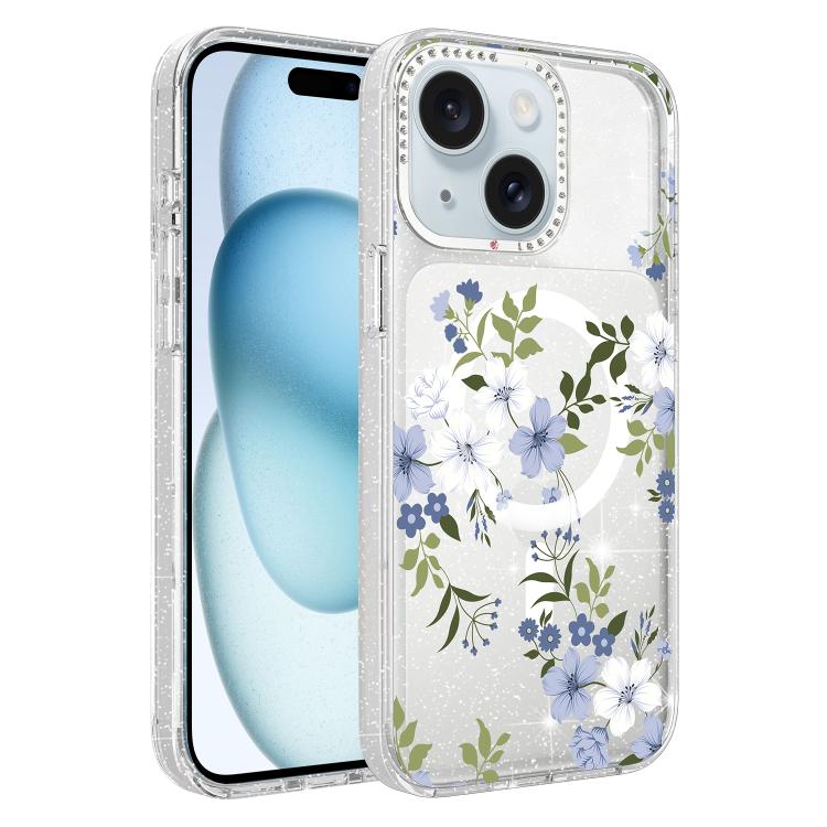 Flower Pattern IMD Glitter Magnetic Phone Case, For iPhone 15