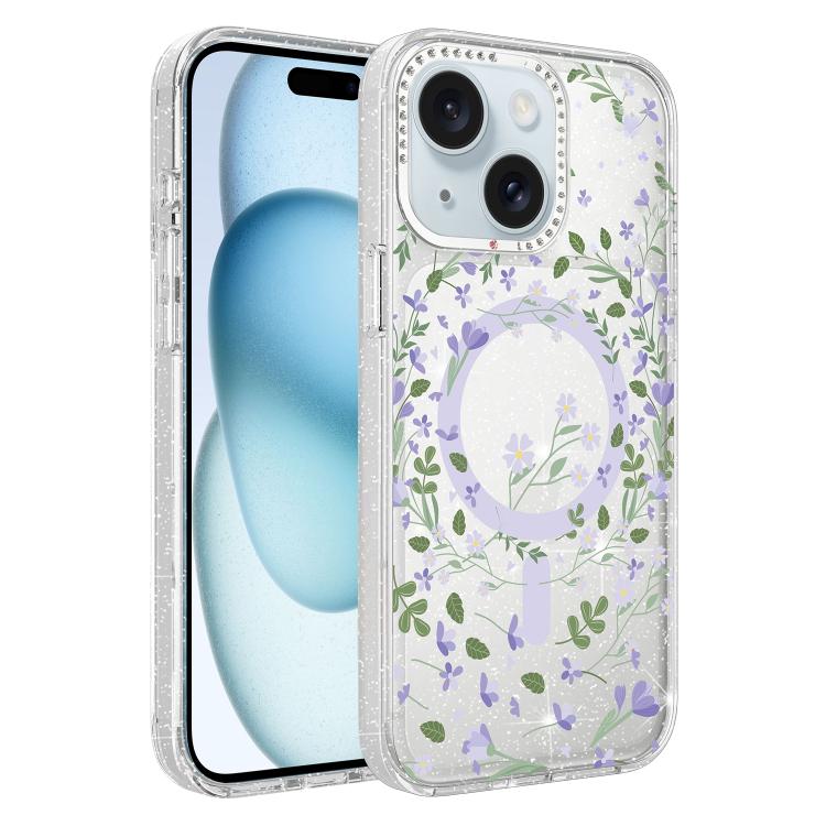 Flower Pattern IMD Glitter Magnetic Phone Case, For iPhone 15