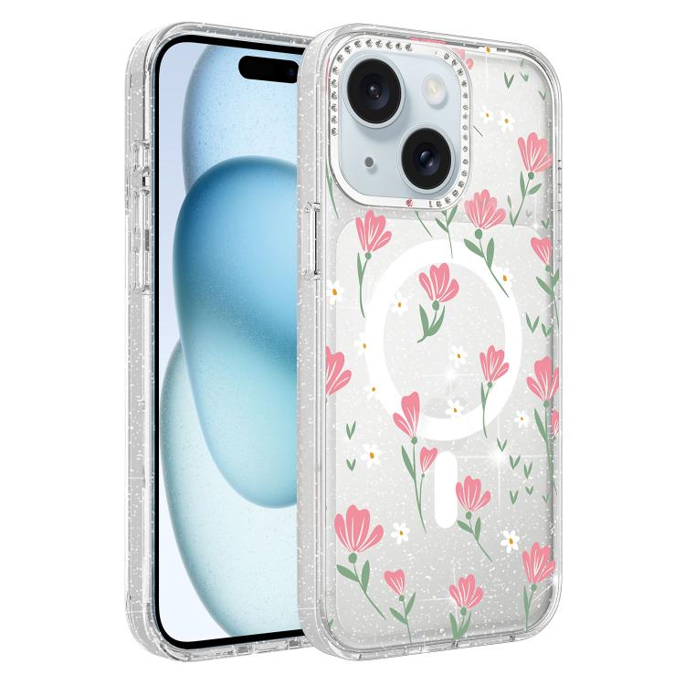 Flower Pattern IMD Glitter Magnetic Phone Case, For iPhone 15