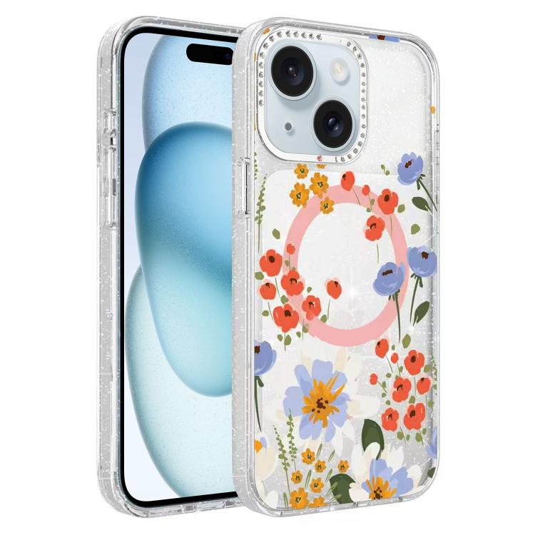 Flower Pattern IMD Glitter Magnetic Phone Case, For iPhone 15