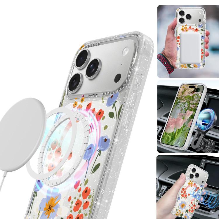 Flower Pattern IMD Glitter Magnetic Phone Case, For iPhone 15