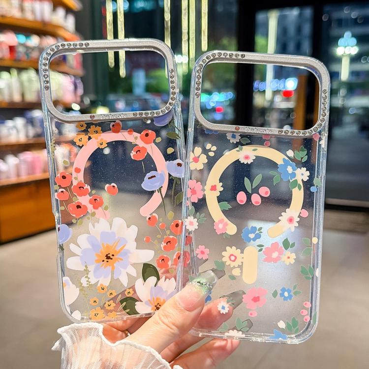 Flower Pattern IMD Glitter Magnetic Phone Case, For iPhone 15