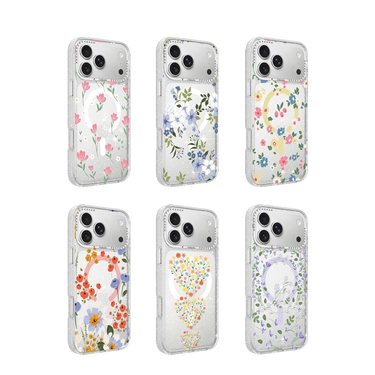 Flower Pattern IMD Glitter Magnetic Phone Case, For iPhone 15