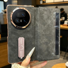 Electroplate Frame Rotating Holder Vegan Leather Shockproof Phone Case, For Honor Magic V5