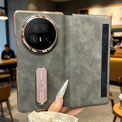 Electroplate Frame Rotating Holder Vegan Leather Shockproof Phone Case, For Honor Magic V5
