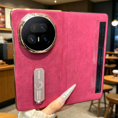 Electroplate Frame Rotating Holder Vegan Leather Shockproof Phone Case, For Honor Magic V5