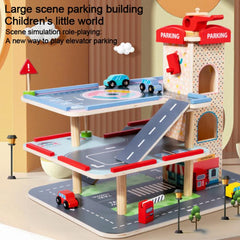 Children Wooden Pretend Play Simulation 3-tier Parking Lot
