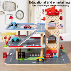 Children Wooden Pretend Play Simulation 3-tier Parking Lot