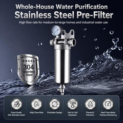 304 Stainless Steel Whole House Pre-Filter Water Purifier, 20-ton Threaded 4-point, 20-ton Threaded 6-point