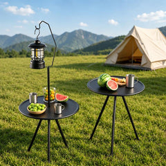 Outdoor Camping Small Round Table with 5-Level Height Adjustment, Base Version, Light Bracket