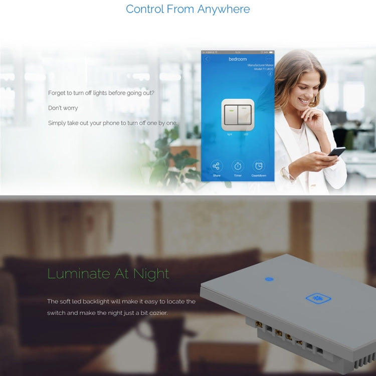 WS-US-02 EWeLink APP & Touch Control 2A 2 Gangs Tempered Glass Panel Smart Wall Switch, AC 90V-250V, US Plug, 2 Gangs