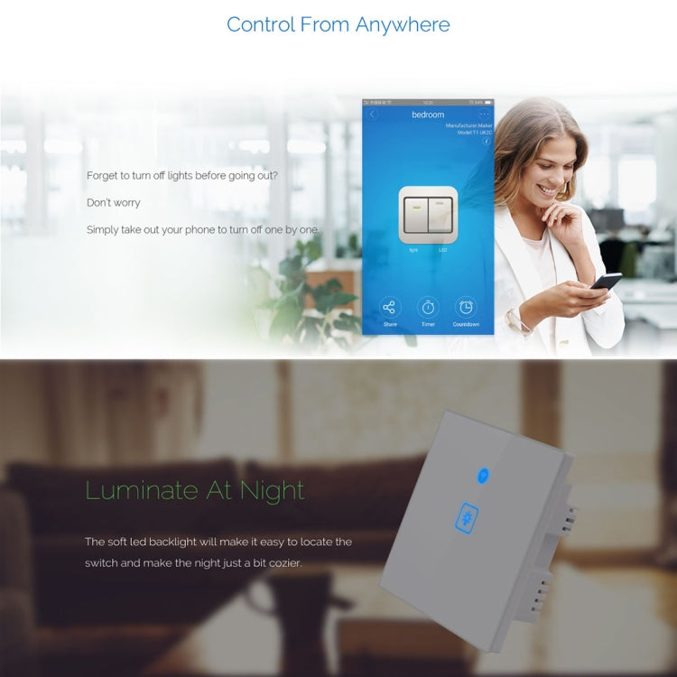 WS-UK-02 EWeLink APP & Touch Control 2A 2 Gangs Tempered Glass Panel Smart Wall Switch, AC 90V-250V, UK Plug, 2 Gangs