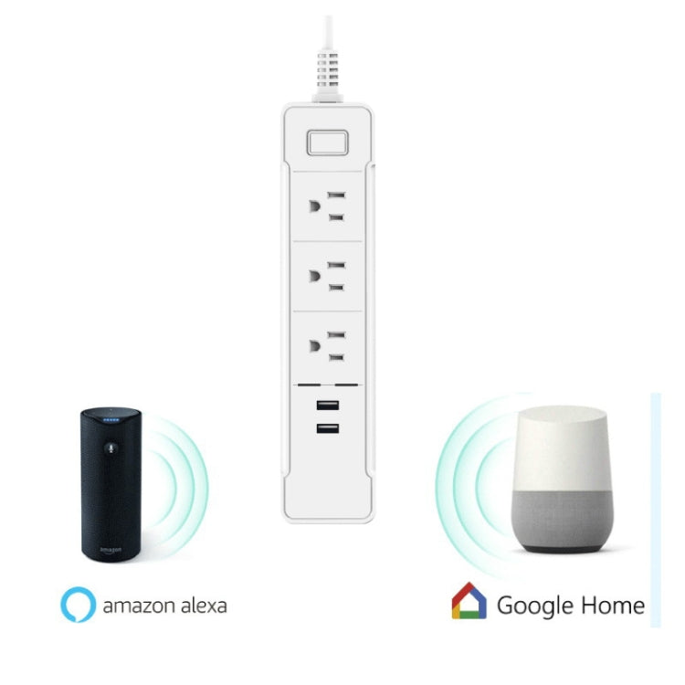 C198B 2 USB Ports + 3 US Sockets WiFi Smart Power Plug Socket, Compatible with Alexa and Google Home, AC 110V-240V, US Plug, White